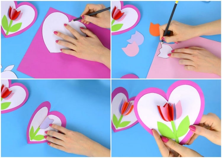 Anleitung 3D Pop Up Herz Karte mit Blume zum Muttertag