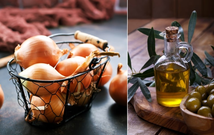 Blutverdünnende Nahrungsmittel wie Zwiebeln und Olivenöl in einer ausgewogenen Ernährung