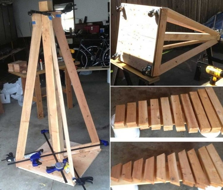 Erdbeerpyramide selber bauen - Balken auf Sperrholzplatte schrauben und Bretter ankleben