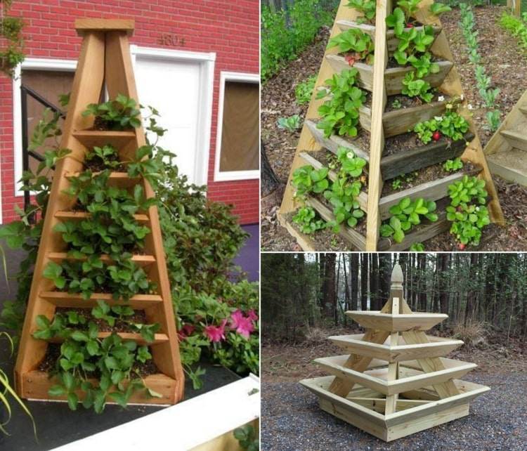 Hohe Erdbeerpyramide selber bauen aus Holz für den Garten