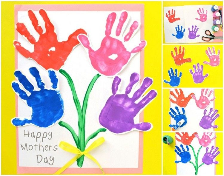 Kinder Handabdrücke statt Blumen für die Karte zum Muttertag
