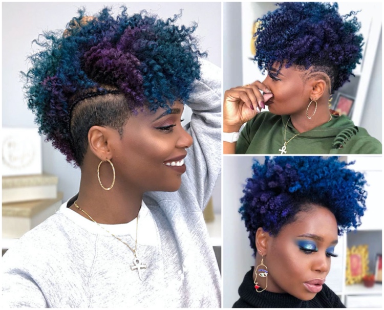 Kurzhaarfrisur für Afro Haare in Blau und Lila