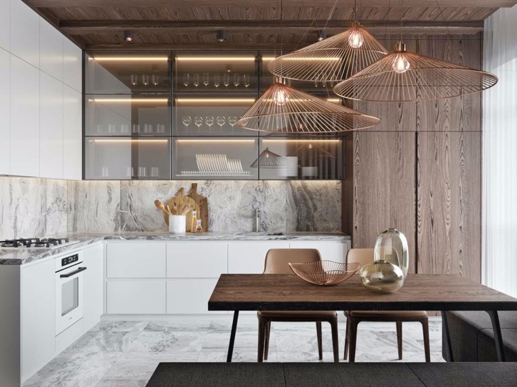 Küche 2021 dunkes Holz Weiß und Metallakzente