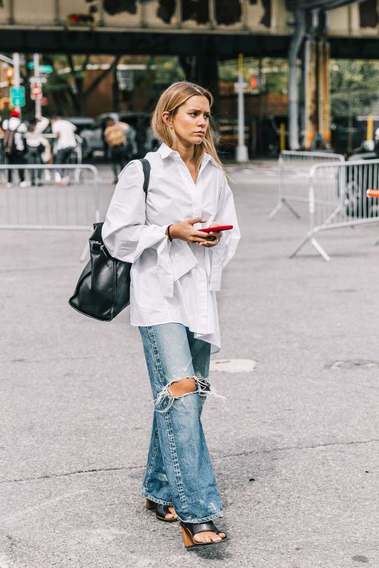 Longbluse richtig kombinieren Jeans Outfit Ideen Frühling