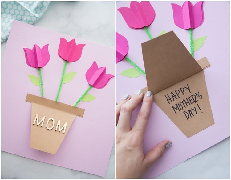 Muttertagskarte basteln mit Kindern Topf mit Tulpen