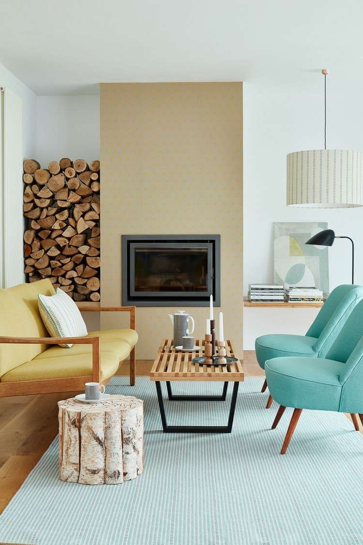 Pastellfarben Gelb und Blau im Mid Century Modern Wohnzimmer