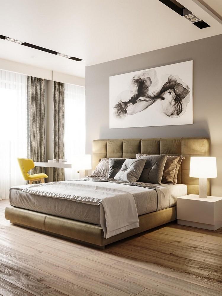 Schlafzimmer modern gepolstertes Bett abstraktes Wandbild