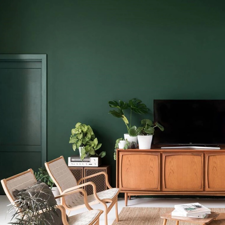 dunkelgrüne Wand und Retro Möbel im Wohnzimmer