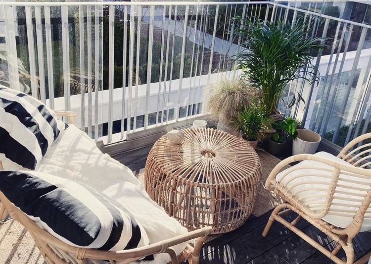 grüne Pflanzen Areca Palme und Ziergras auf Boho Balkon