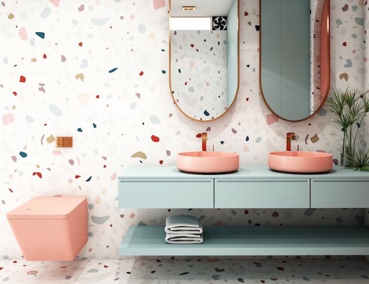 modernes Badezimmer mit Fliesen in Tarrazzo Optik