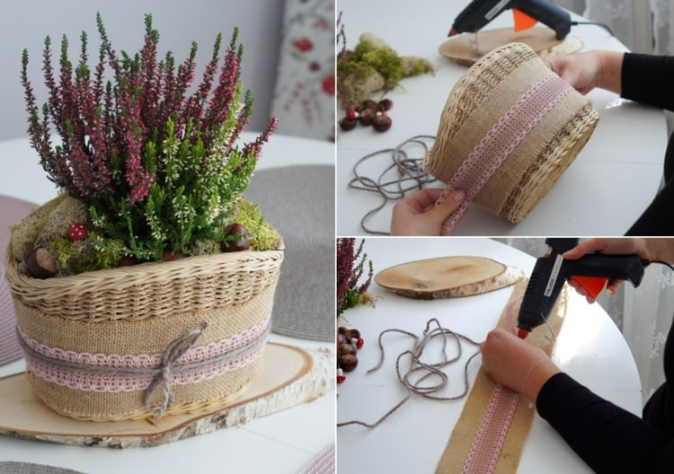 Balkon Deko selber machen - Dekorierter Korb als Übertopf für Blumen und Pflanzen