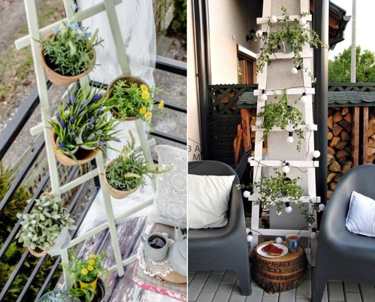 Balkon Deko selber machen aus Holz - Dekorative Leiter oder Staffelei für Blumen und Lichterketten