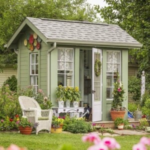 Gartenhaus aussen dekorieren mit Blumen und Tontellern