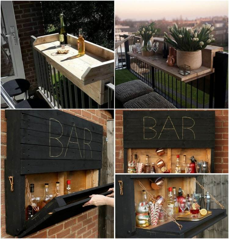 Platzsparende Bars und Tische aus Paletten für den Balkon - Für Geländer oder zum Aufklappen