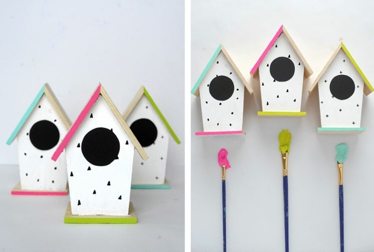 Vogelhaus-Attrappen bunt bemalen mit Acrylfarben für eine schöne Balkondeko