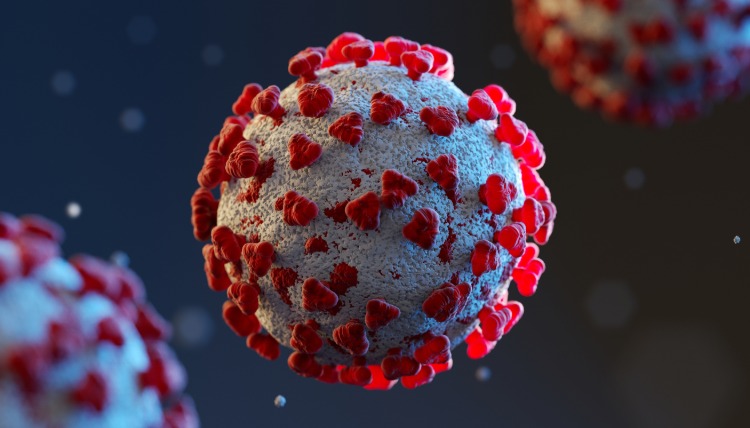 coronavirus in detaillierter darstellung mit spike proteinen in rot an der oberfläche