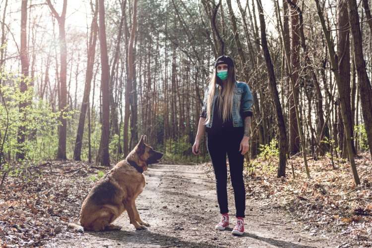 junge frau mit schutzmaske spaziert mit ihrem hund im park während der pandemie von covid 19
