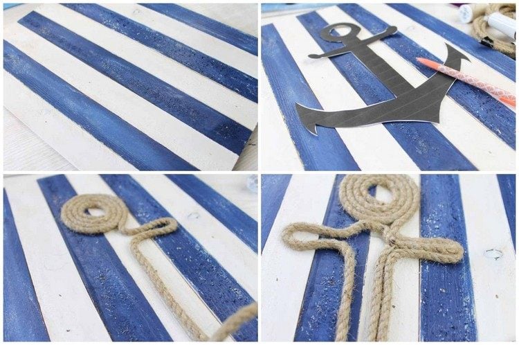 DIY Sommerdeko zum Aufhängen Holztafel mit Anker aus Seil