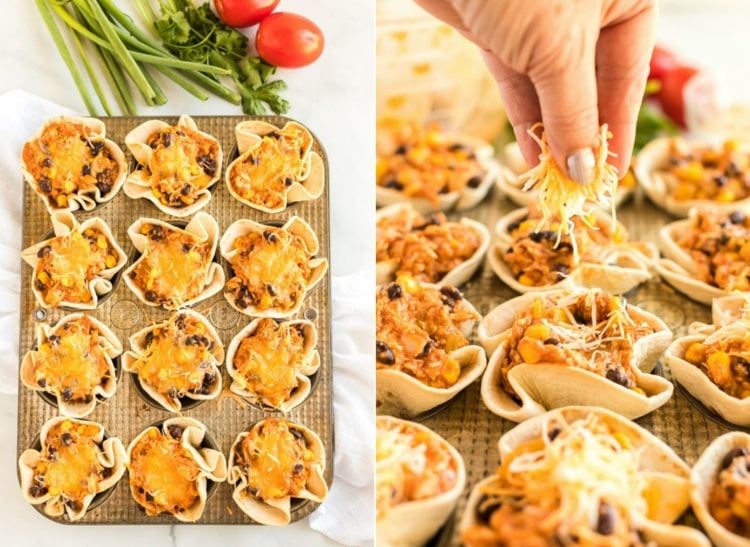Gartenparty Buffet Ideen - Mini-Enchilada in der Muffinform mit Hühnchen und Tortillas