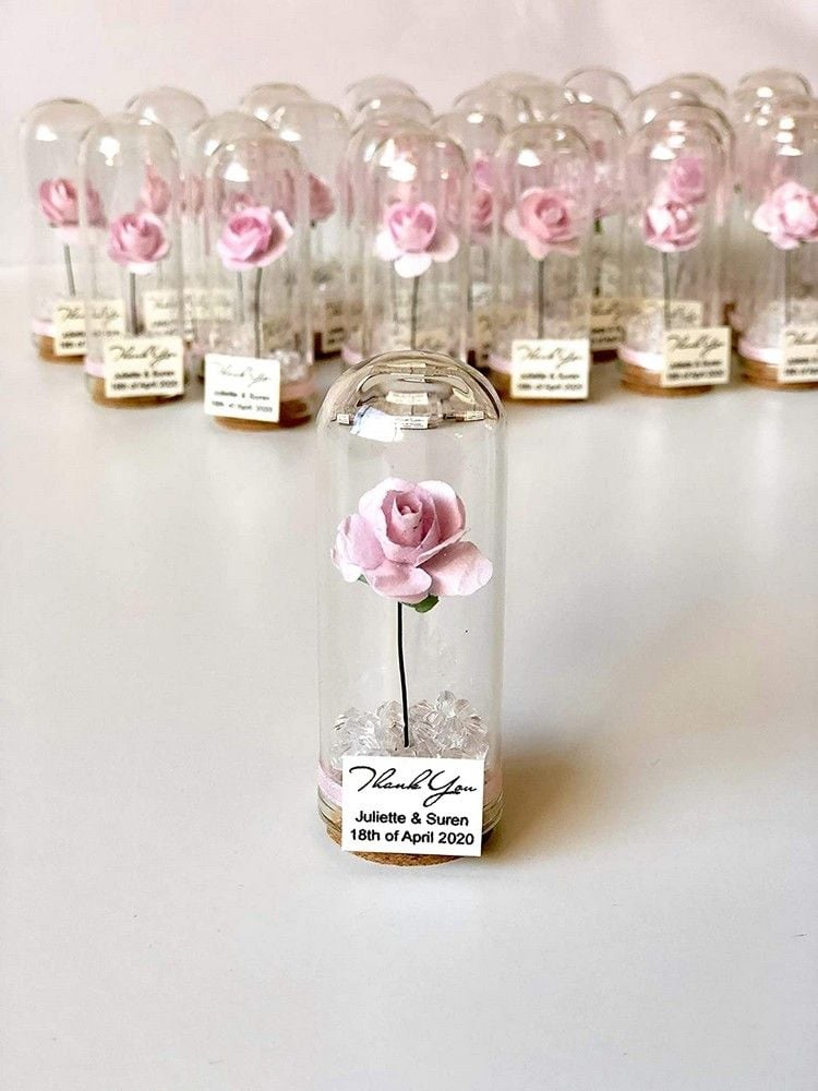 Gastgeschenke zur Hochzeit Vintage Rose in Mini Glasglocke mit Korkboden