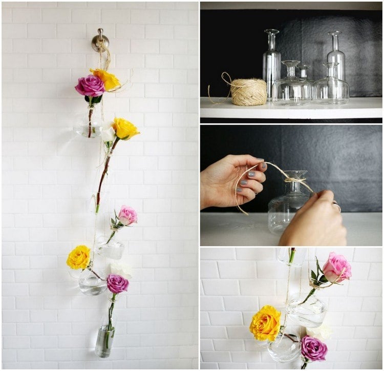 Glasvasen mit Schnittblumen Deko Idee zum Aufhängen