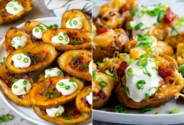 What to eat for football night - potato skins with cheese, bacon and leeks