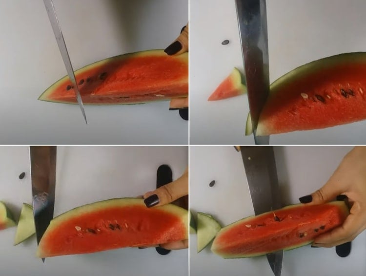 DIY Anleitung für einen Vogel aus Wassermelone - Ecke abschneiden und Fruchtfleisch lösen