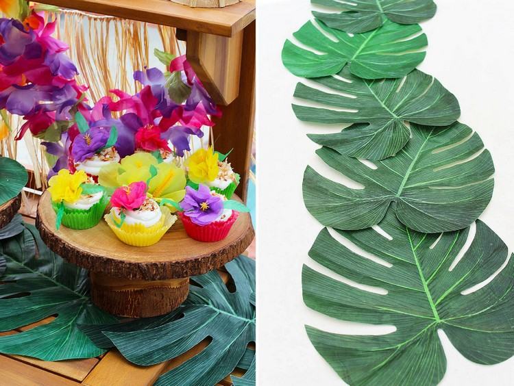 Deko zum Sommerfest selber machen DIY Tischläufer aus tropischen Blättern
