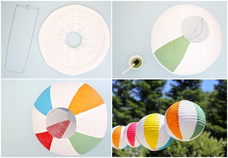Deko zum Sommerfest selber machen hängende Beachbälle aus Papierlampen