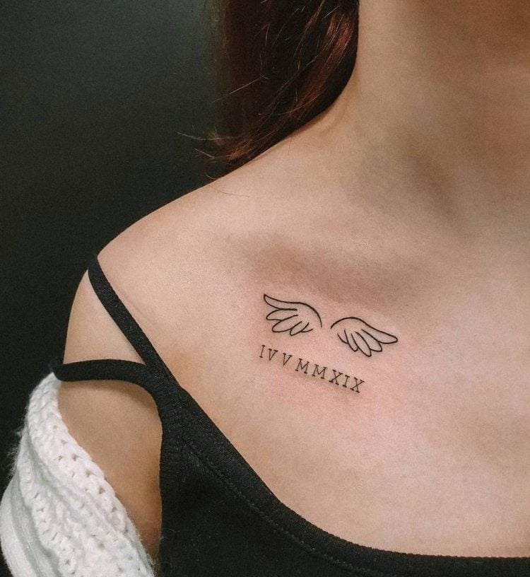 Engel Tattoodesign Bedeutun minimalistische Tattoos am Schlüsselbein
