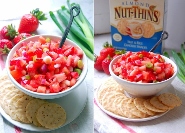 Erdbeeren, Tomaten, Zwiebeln und weißer Balsamico zu Crackern servieren