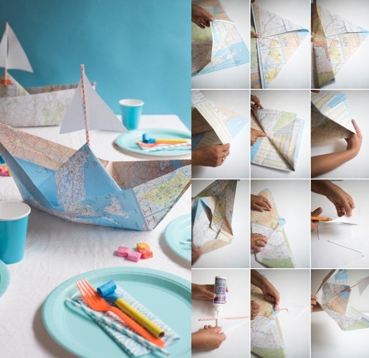 Schiff aus alter Weltkarte falten basteln im sommer mit Kindern