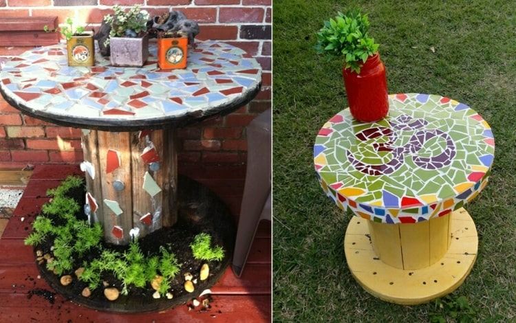 Tisch aus Kabelspule mit Mosaik basteln für den Garten - DIY Beistelltische