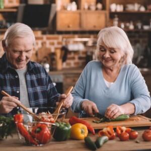 älteres paar verwendet buntes gemüse für salat gegen demenz