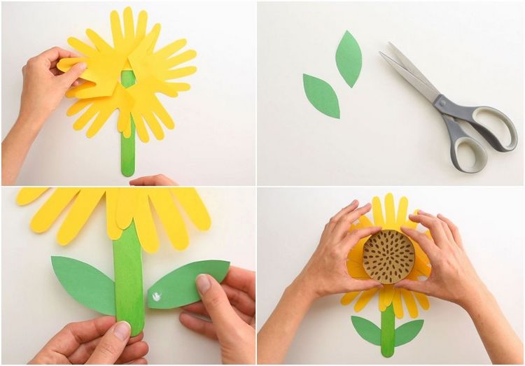 Anleitung zum Basteln von Sonnenblumen aus Handabdrücken Kinder