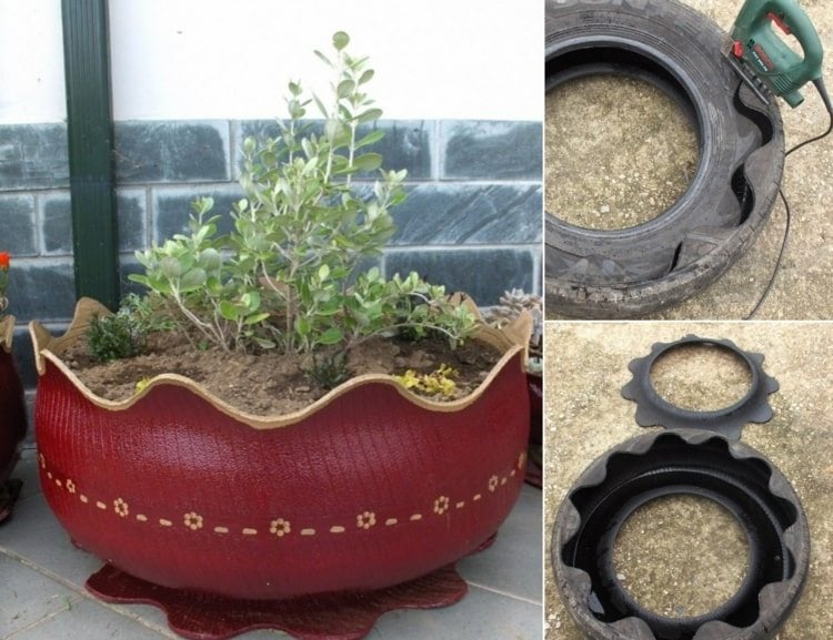 DIY Pflanzkübel aus recycelten Reifen mit Wellenmuster