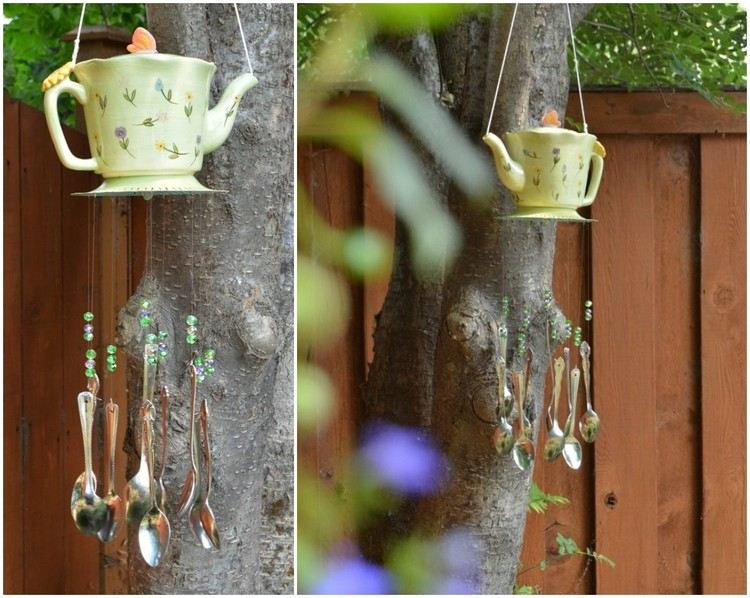 DIY Windspiel für den Garten aus alter Teekanne und Besteck