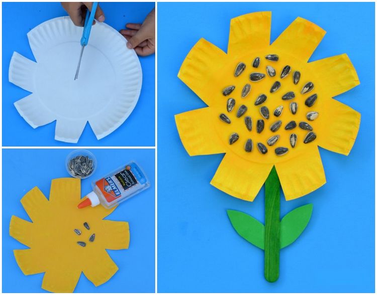 Einfache Sonnenblume basteln aus Pappteller Anleitung