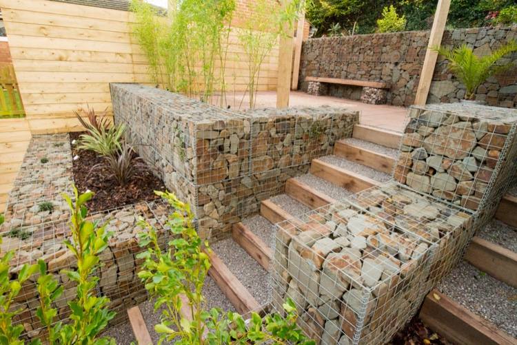 Gabionen als Terrasseneinfassung und Ideen für Gartengestaltung mit Stein und Holz