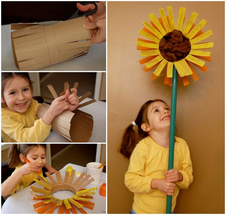 Große Sonnenblume basteln aus Karton Anleitung fürs Kinder-Projekt