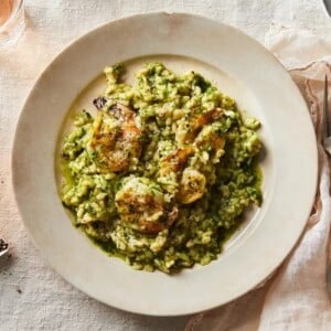 Grünes Pesto aufbrauchen für Risotto mit Garnelen