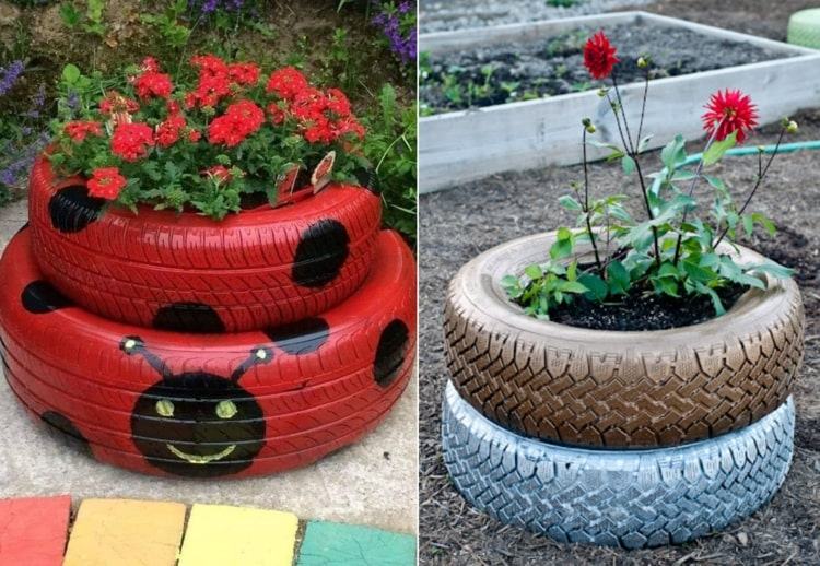 Marienkäfer auf Reifen malen für kleine, dekorative Hochbeete