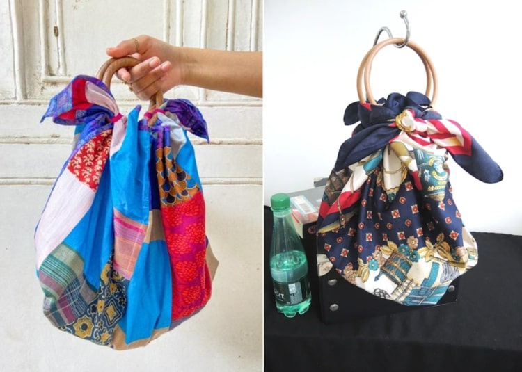 Schal Upcycling Idee - Tuch an Ringe binden für eine einfache und schicke Handtasche