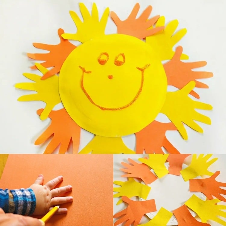 Sonne aus Papptellern und Buntpapier mit Handabdrücken basteln mit Kinder im Krippen-Alter