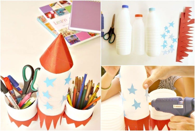 Stiftehalter selber basteln für Kinder Rakete aus Kunststoffflaschen