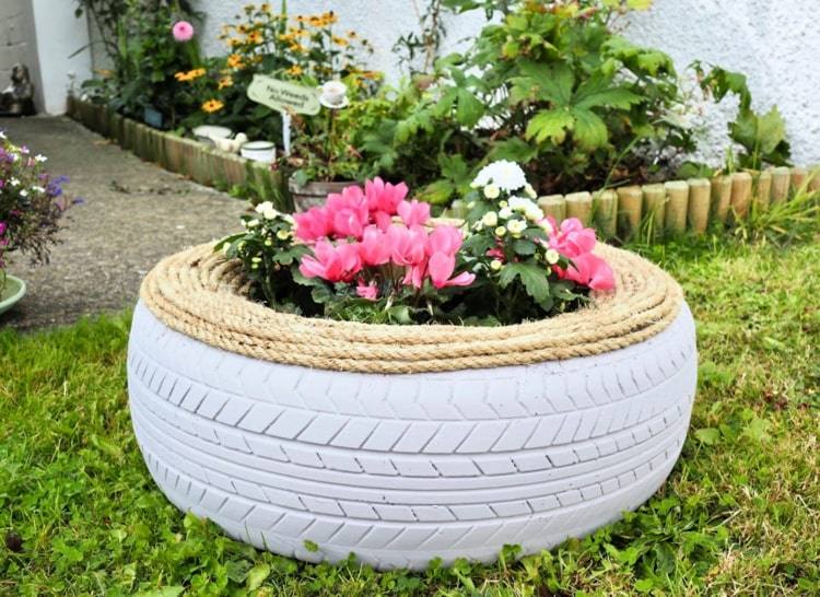 Weißer Reifen mit Seil dekoriert und Alpenveilchen bepflanzt