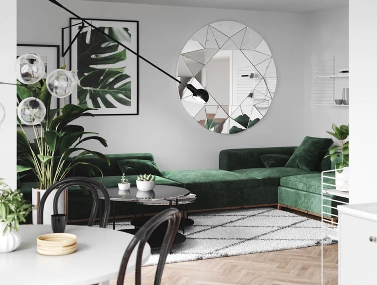 einrichtungsideen grünes sofa und schwarz-weiß
