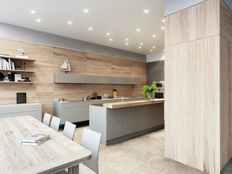 moderne graue Küche und Laminatplatten für Küchenrückwand 