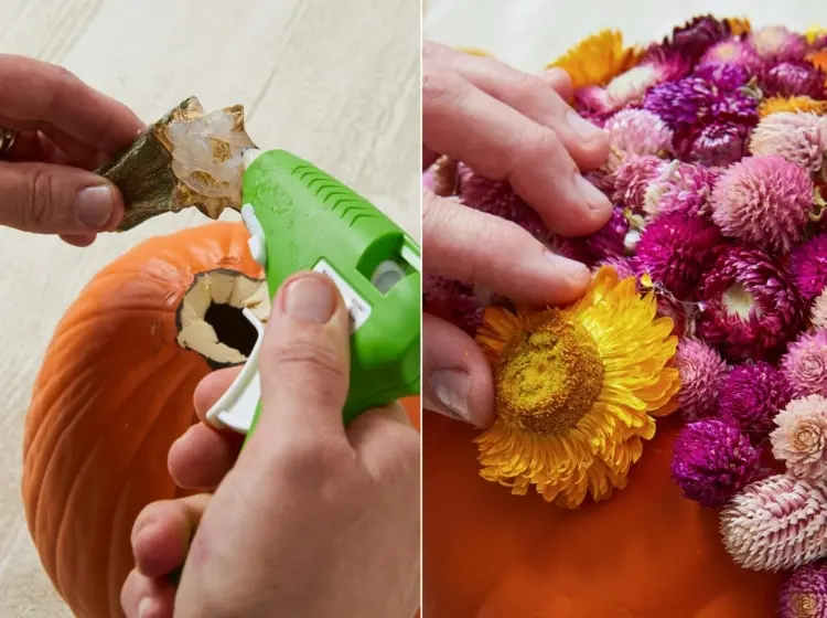 Anleitung für DIY Herbstdeko - Künstlichen Kürbis mit echten oder Trockenblumen gestalten