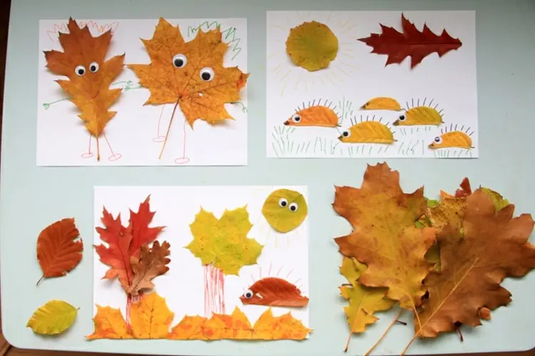 Bildern basteln für 2-Jährige im Herbst mit Laubblättern und Wackelaugen